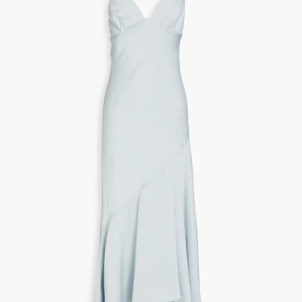 SHONA JOY Wedding Guest Asymmetric Satin Maxi Dress Pale Blue Size 10 NWT!